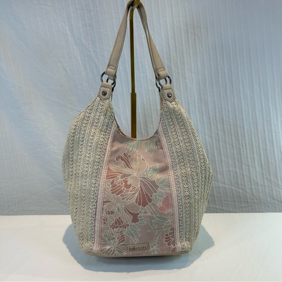 Sakroots Roma Straw Shopper Cream and Pink Flower Blossom Floral Hobo Bag - Picture 3 of 15